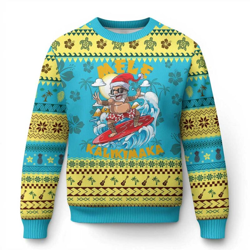 Xmas In Hawaii Ugly Christmas Sweater Mele Kalikimaka Surfing Santa Kakau Tattoo TS11