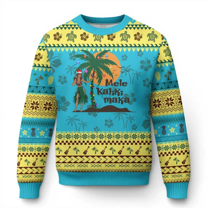 Xmas In Hawaii Ugly Christmas Sweater Mele Kalikimaka Retro Hula Girls Santa Hat TS11