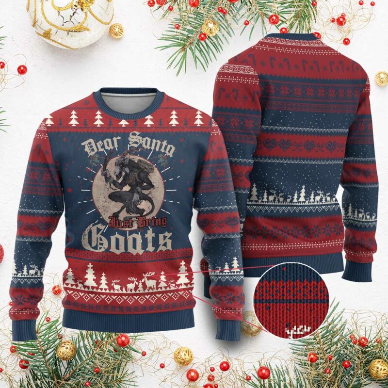 Funny Yule Xmas Ugly Christmas Sweater Dear Santa Just Bring Goats Krampus TS11