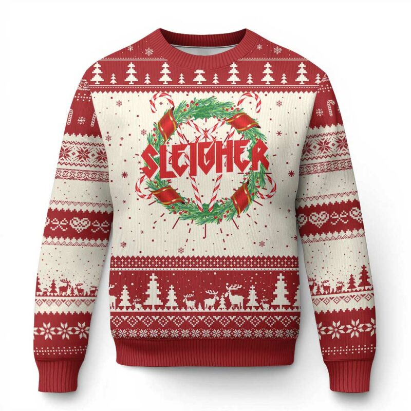 Funny Christmas Heavy Metal Ugly Christmas Sweater Sleigher Xmas Pentagram Candy Cane TS11