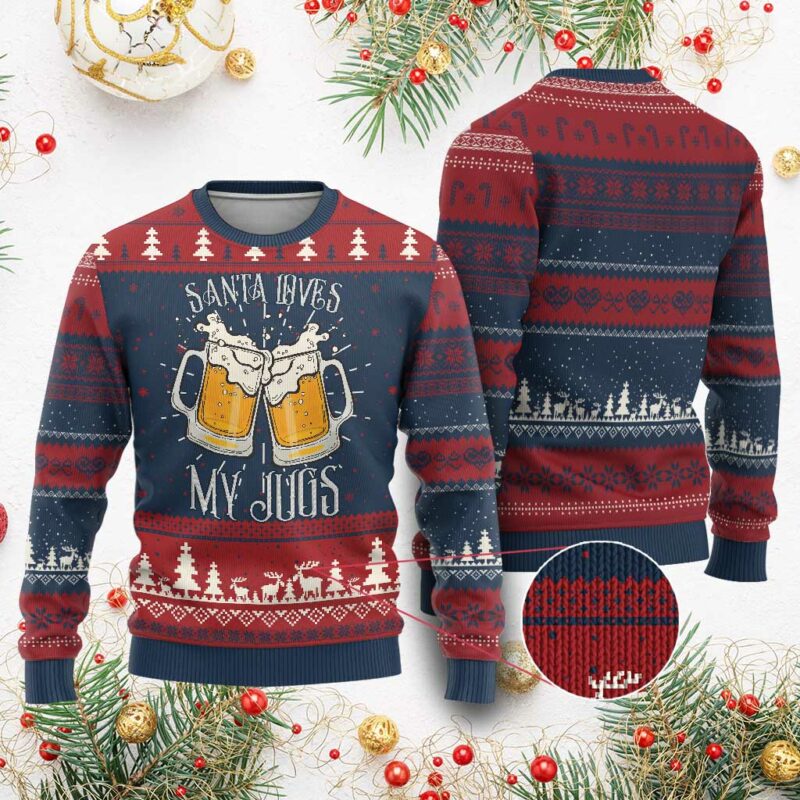 Funny Xmas Beers Couple Ugly Christmas Sweater Santa Loves My Jugs Beers Drinker TS11