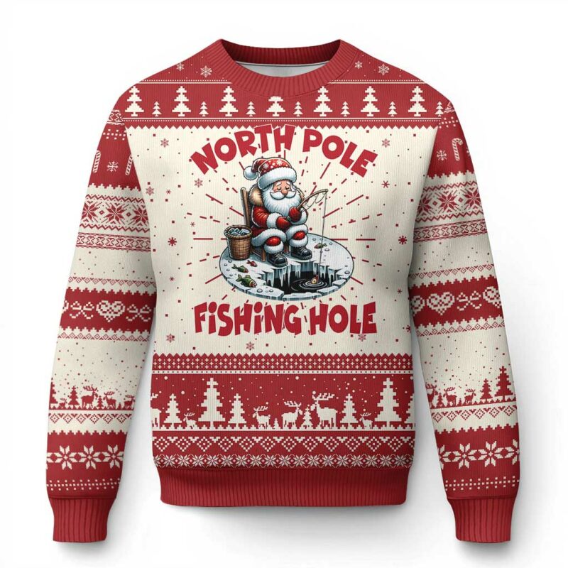 Funny Xmas Fishing Ugly Christmas Sweater North Pole Fishing Hole Cute Santa TS11