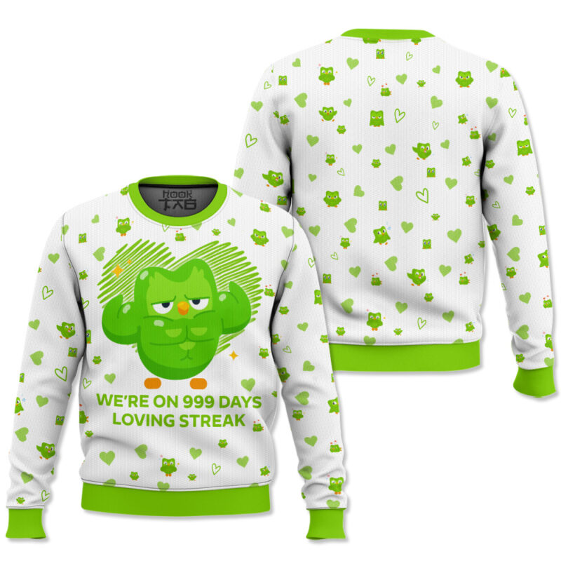 Duolingo on Streak Personalized Couple Valentine Funny Sweater