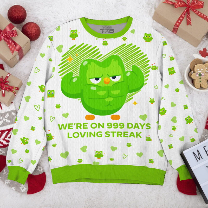 Duolingo on Streak Personalized Couple Valentine Funny Sweater