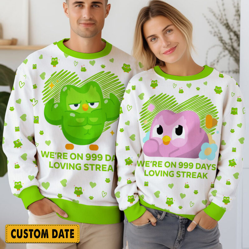 Duolingo on Streak Personalized Couple Valentine Funny Sweater