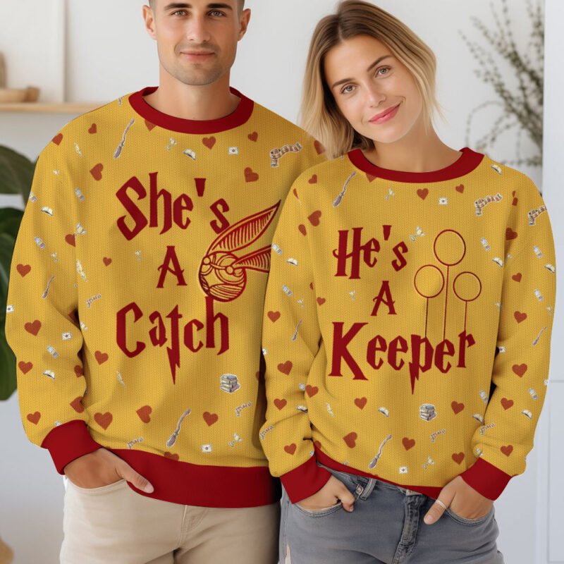 She’s a Catch, He’s a Keeper Valentine Couple Sweater