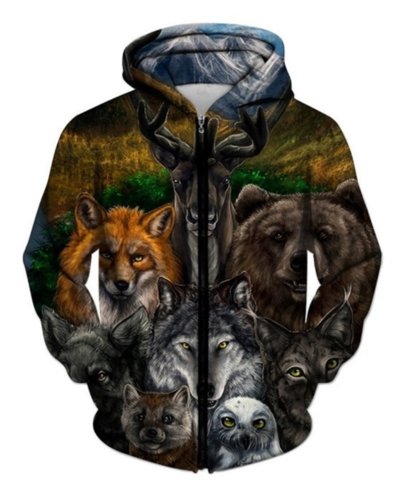 Animals Printed Zip Up Hoodie