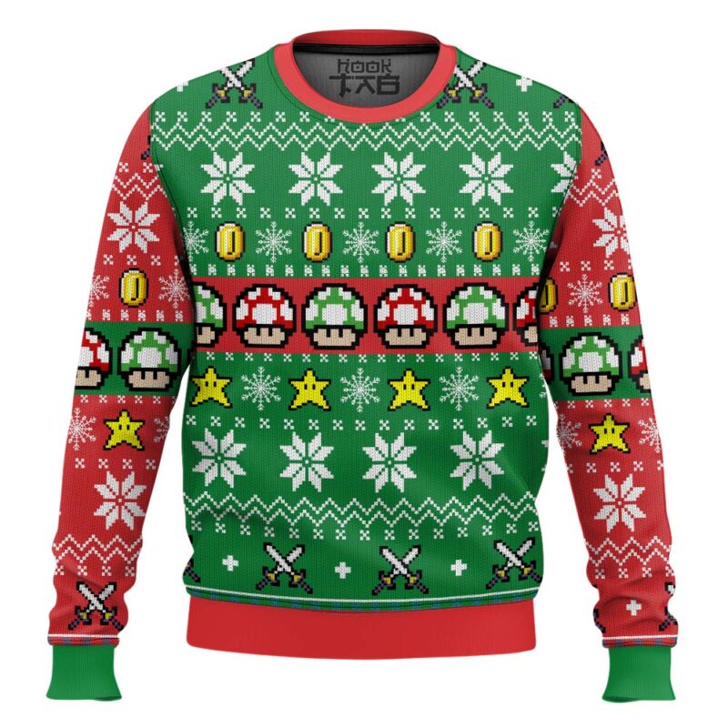 Hooktab 1-Up Mushroom Mario Bros Ugly Christmas Sweater