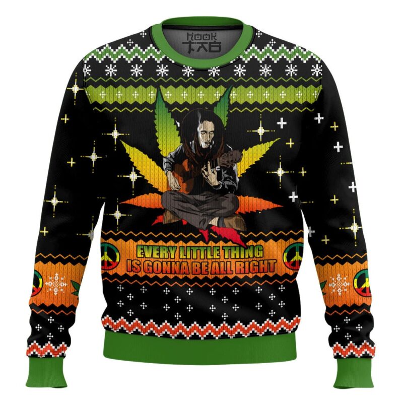 Hooktab 420 Bob Marley Every Liltle Thing Is Gonna Be Alright Ugly Christmas Sweater