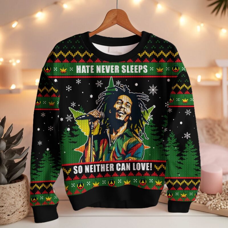 Hooktab 420 Bob Marley “Hate Never Sleeps So Neither Can Love” Ugly Christmas Sweater Hooktab 420 Bob Marley “Hate Never Sleeps So Neither Can Love” Ugly Christmas Sweater