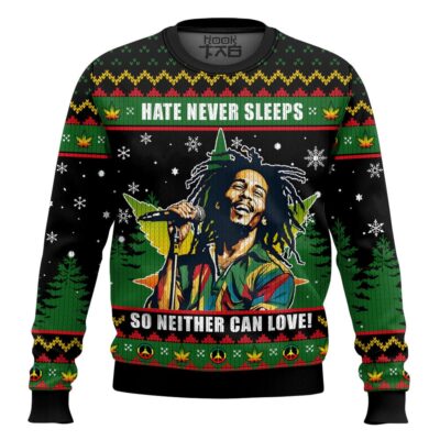 Hooktab 420 Bob Marley “Hate Never Sleeps So Neither Can Love” Ugly Christmas Sweater