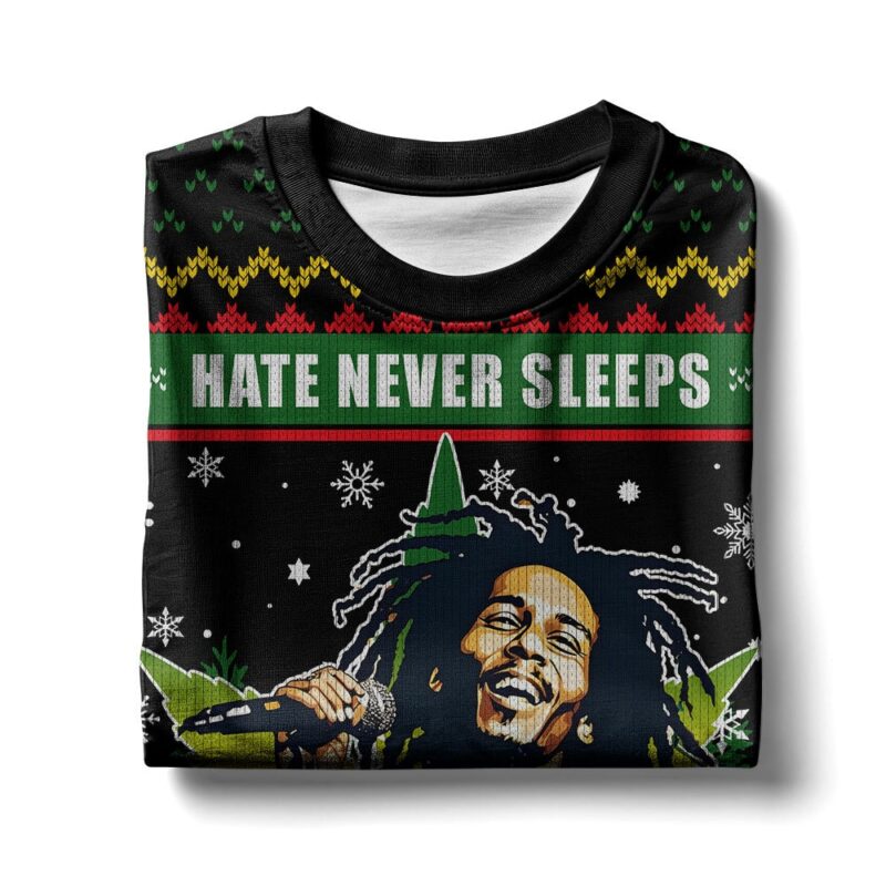 Hooktab 420 Bob Marley “Hate Never Sleeps So Neither Can Love” Ugly Christmas Sweater Hooktab 420 Bob Marley “Hate Never Sleeps So Neither Can Love” Ugly Christmas Sweater