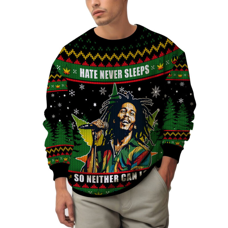 Hooktab 420 Bob Marley “Hate Never Sleeps So Neither Can Love” Ugly Christmas Sweater Hooktab 420 Bob Marley “Hate Never Sleeps So Neither Can Love” Ugly Christmas Sweater