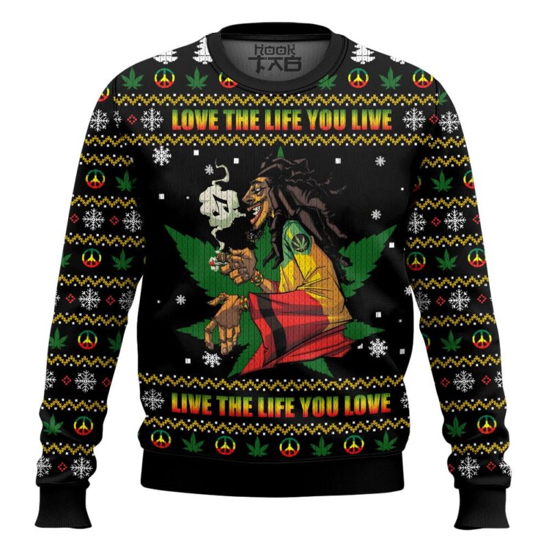 Hooktab 420 Bob Marley "Love The Life You Live, Live The Live You Love" Ugly Christmas Sweater