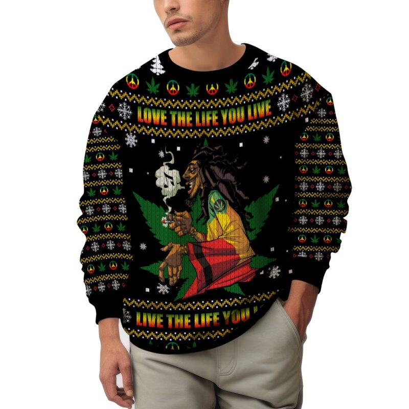 Hooktab 420 Bob Marley "Love The Life You Live, Live The Live You Love" Ugly Christmas Sweater Hooktab 420 Bob Marley "Love The Life You Live, Live The Live You Love" Ugly Christmas Sweater