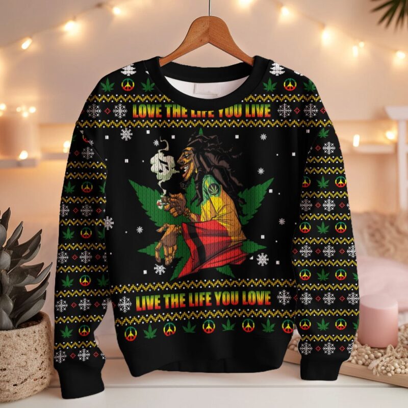 Hooktab 420 Bob Marley "Love The Life You Live, Live The Live You Love" Ugly Christmas Sweater Hooktab 420 Bob Marley "Love The Life You Live, Live The Live You Love" Ugly Christmas Sweater
