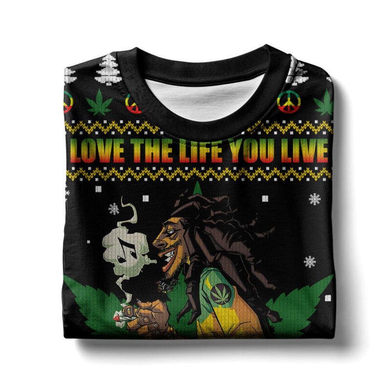 Hooktab 420 Bob Marley "Love The Life You Live, Live The Live You Love" Ugly Christmas Sweater Hooktab 420 Bob Marley "Love The Life You Live, Live The Live You Love" Ugly Christmas Sweater