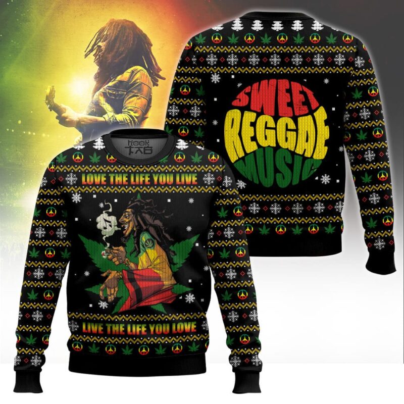 Hooktab 420 Bob Marley "Love The Life You Live, Live The Live You Love" Ugly Christmas Sweater Hooktab 420 Bob Marley "Love The Life You Live, Live The Live You Love" Ugly Christmas Sweater
