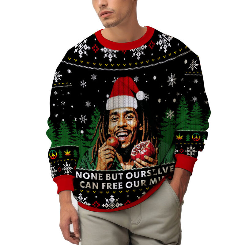 Hooktab 420 Bob Marley "None But Ourselves Can Free Our Mind" Ugly Christmas Sweater Hooktab 420 Bob Marley "None But Ourselves Can Free Our Mind" Ugly Christmas Sweater