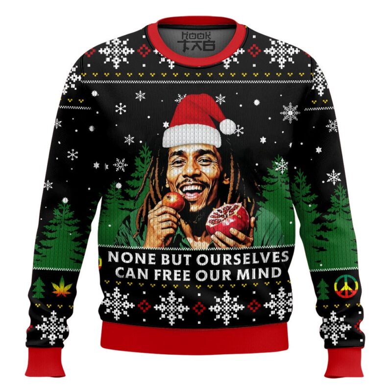Hooktab 420 Bob Marley "None But Ourselves Can Free Our Mind" Ugly Christmas Sweater