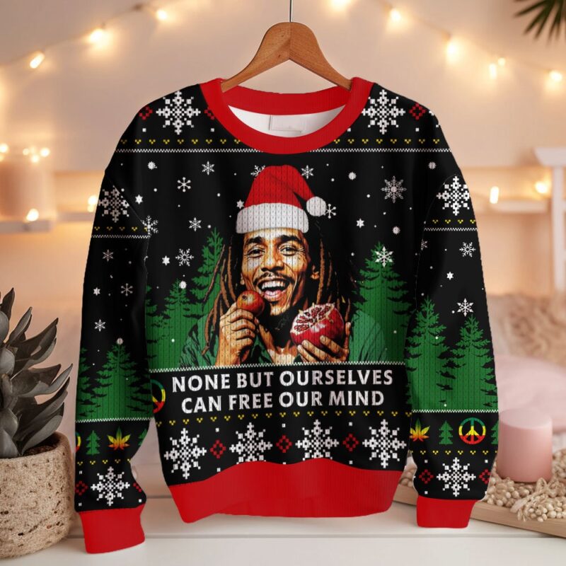 Hooktab 420 Bob Marley "None But Ourselves Can Free Our Mind" Ugly Christmas Sweater Hooktab 420 Bob Marley "None But Ourselves Can Free Our Mind" Ugly Christmas Sweater