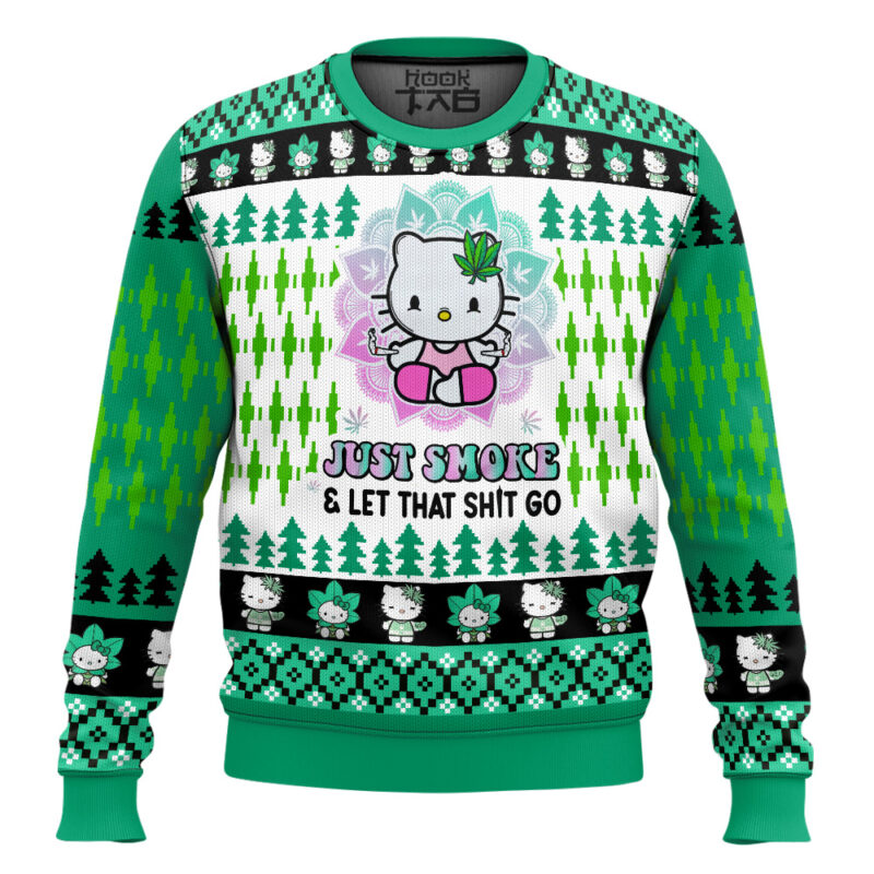 Hooktab 420 Hello Kitty Just Smoke And Let That Shit Go Ugly Christmas Sweater