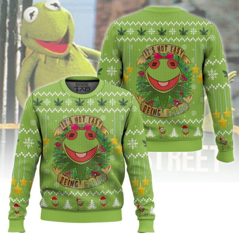 Hooktab 420 It's Not Easy Being Green Frog Ugly Christmas Sweater Hooktab 420 It's Not Easy Being Green Frog Ugly Christmas Sweater