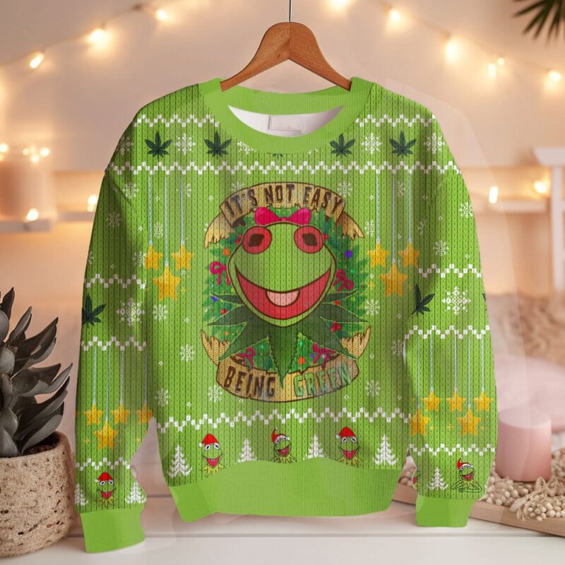 Hooktab 420 It's Not Easy Being Green Frog Ugly Christmas Sweater Hooktab 420 It's Not Easy Being Green Frog Ugly Christmas Sweater
