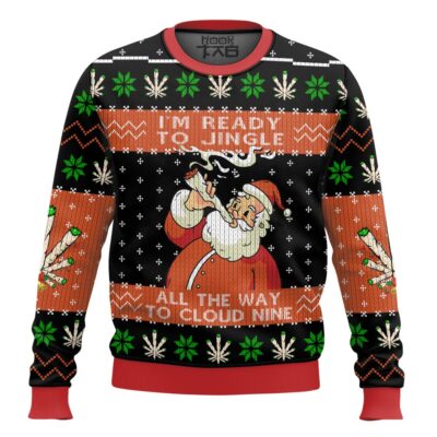 Hooktab 420 Santa “I’m Ready To Jingle All The Way To Cloud Nine” Ugly Christmas Sweater