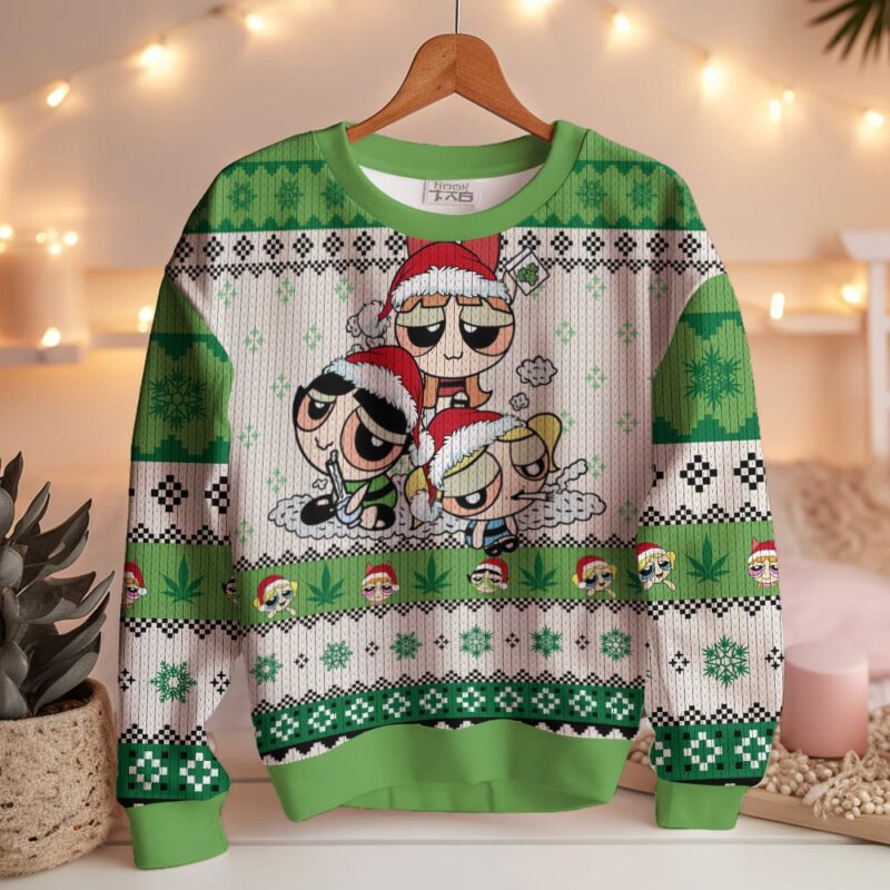 Hooktab 420 The Stoned Power Puff Girls Ugly Christmas Sweater Hooktab 420 The Stoned Power Puff Girls Ugly Christmas Sweater