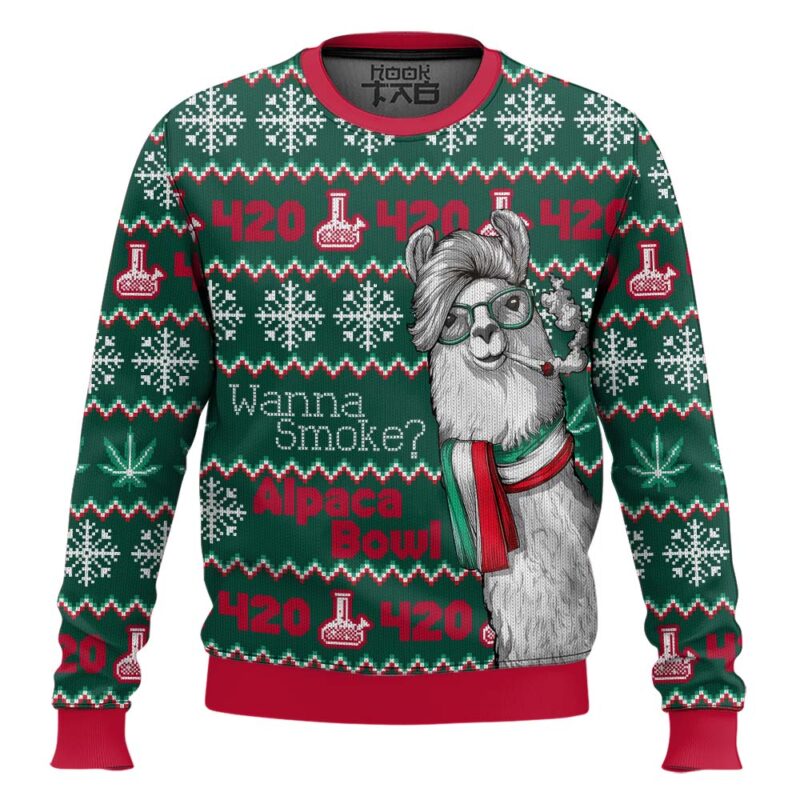 Hooktab 420 Wanna Smoke Alpaca Bowl Ugly Christmas Sweater