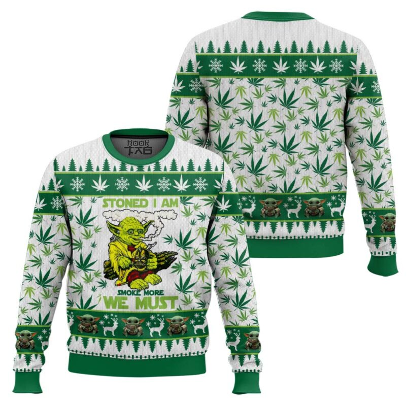 Hooktab 420 Yoda "Stoned I am Smoke More We Must" Ugly Christmas Sweater Hooktab 420 Yoda "Stoned I am Smoke More We Must" Ugly Christmas Sweater