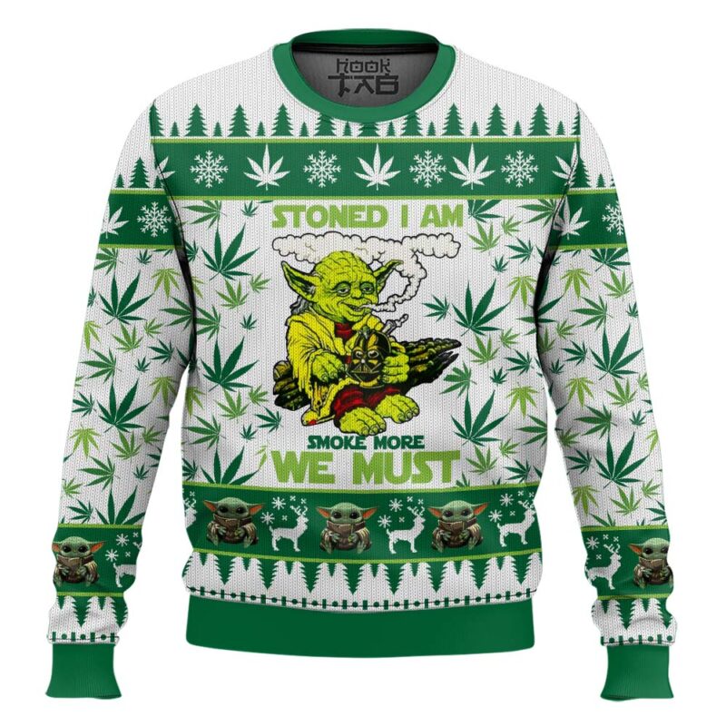 Hooktab 420 Yoda "Stoned I am Smoke More We Must" Ugly Christmas Sweater