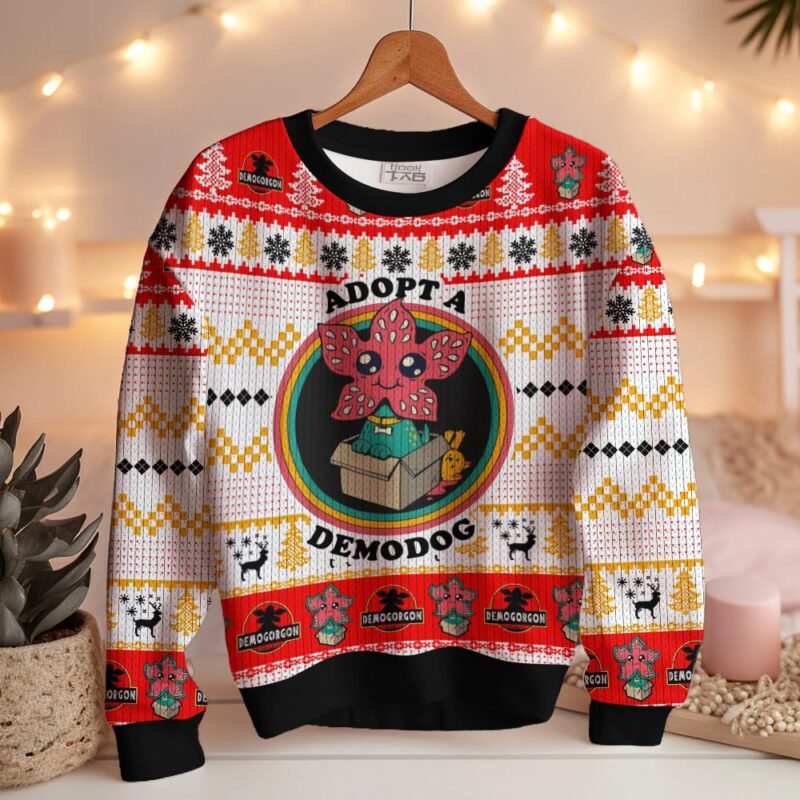 Hooktab Adopt A Demodog Stranger Things Ugly Christmas Sweater Hooktab Adopt A Demodog Stranger Things Ugly Christmas Sweater