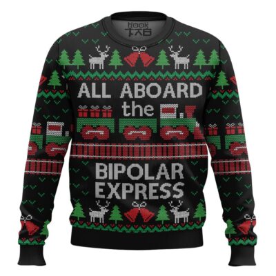 Hooktab All Aboard The Bipolar Express Ugly Christmas Sweater