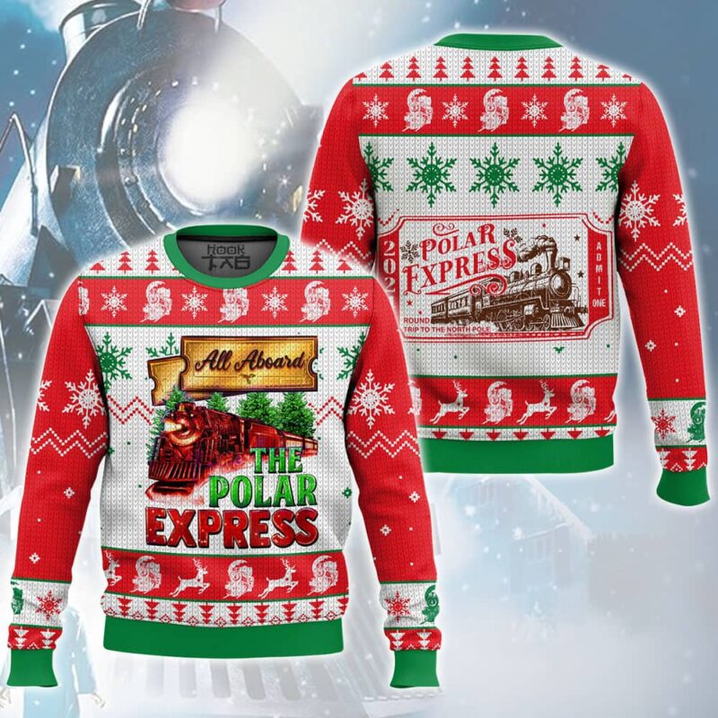Hooktab All Aboard The Polar Express Ugly Christmas Sweater Hooktab All Aboard The Polar Express Ugly Christmas Sweater