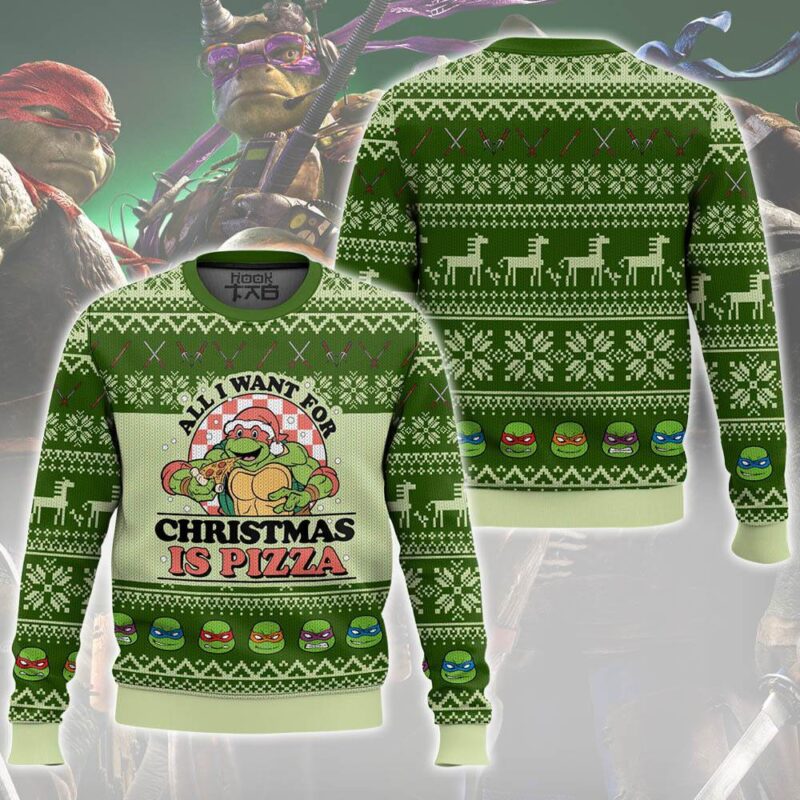 Hooktab All I Want For Christmas Is Pizza Ninja Turtles Ugly Christmas Sweater Hooktab All I Want For Christmas Is Pizza Ninja Turtles Ugly Christmas Sweater
