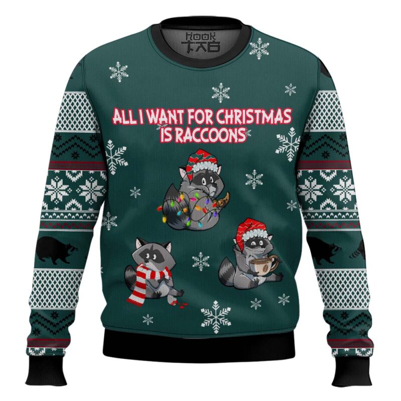Hooktab All I Want For Christmas Is Raccoons Ugly Christmas Sweater