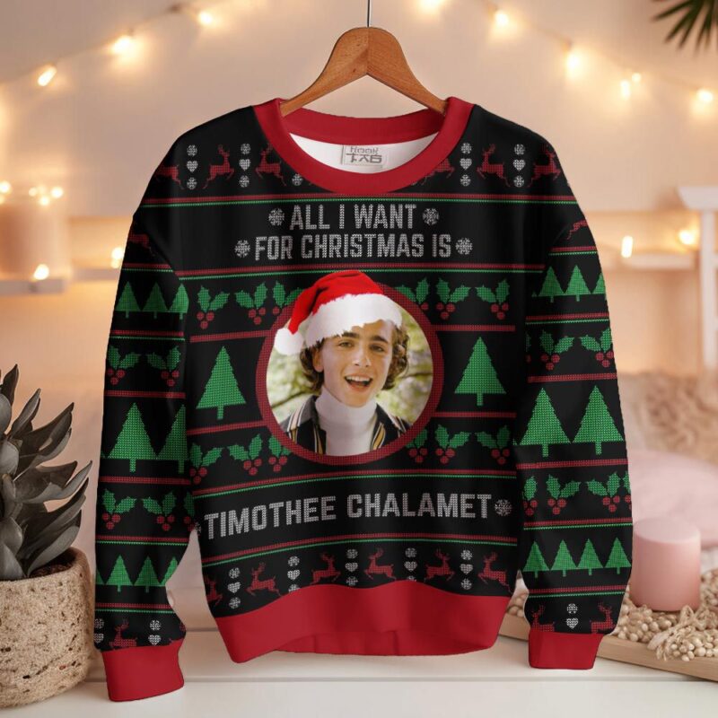 Hooktab All I Want For Christmas Is Timothée Chalamet Ugly Christmas Sweater Hooktab All I Want For Christmas Is Timothée Chalamet Ugly Christmas Sweater