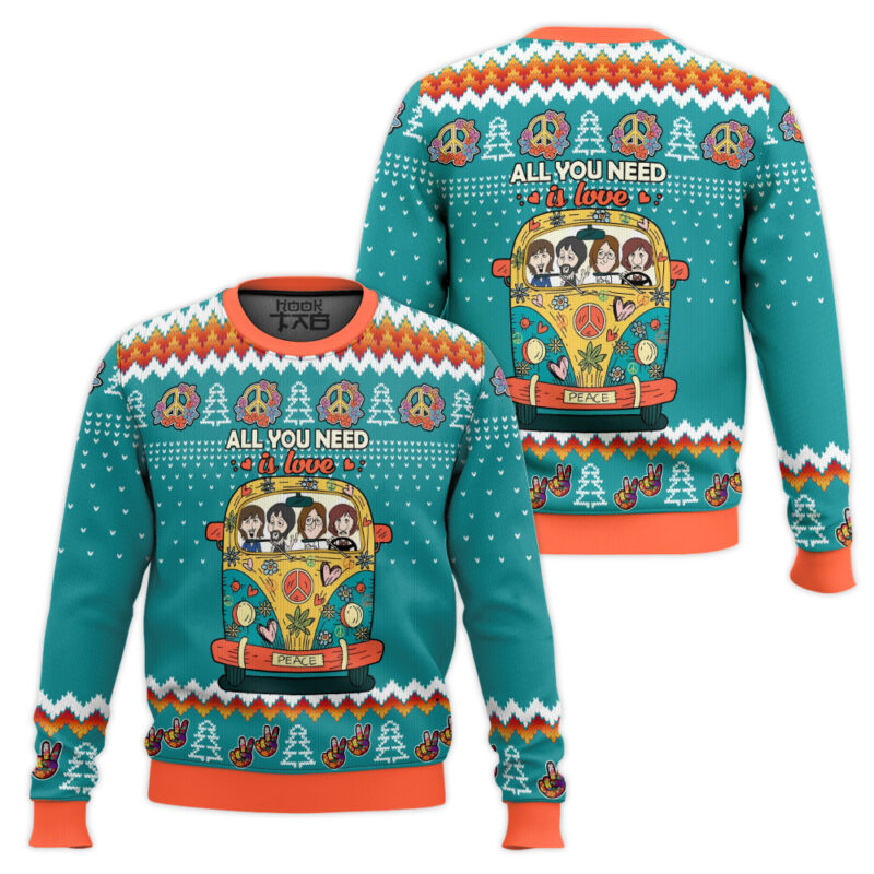 Hooktab All You Need Is Love Hippie The Beatles Ugly Christmas Sweater Hooktab All You Need Is Love Hippie The Beatles Ugly Christmas Sweater