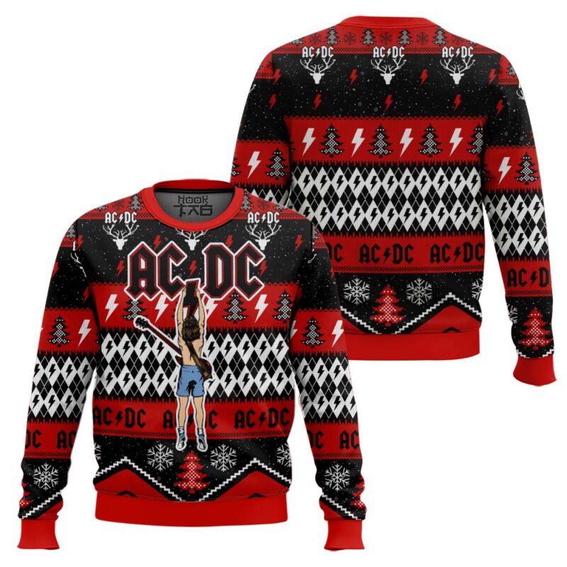 Hooktab Angus Young Hold Lightning AC/DC Ugly Christmas Sweater Hooktab Angus Young Hold Lightning AC/DC Ugly Christmas Sweater
