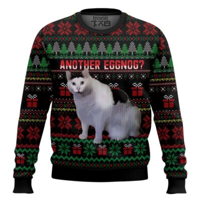 Hooktab Another Eggnog Huh Cat Meme Ugly Christmas Sweater