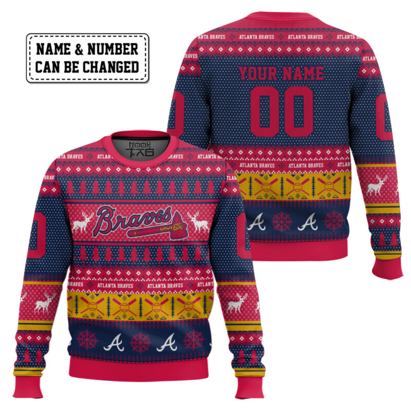 Hooktab Atlanta Braves - Custom Name And Number Ugly Sweater Hooktab Atlanta Braves - Custom Name And Number Ugly Sweater