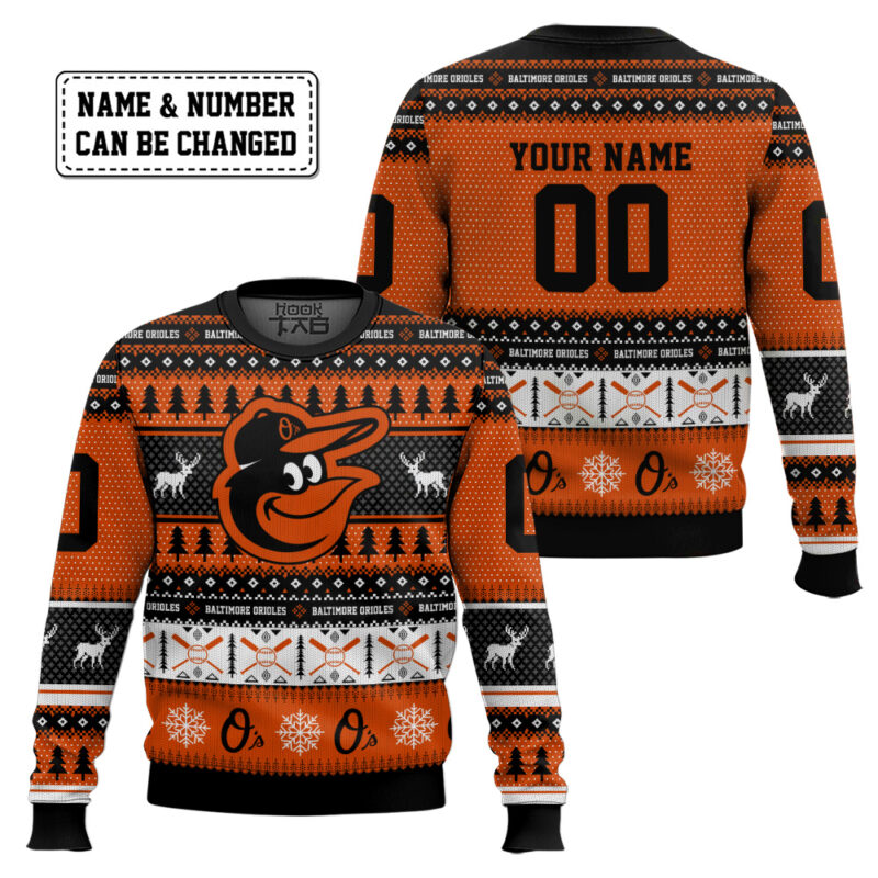 Hooktab Baltimore Orioles - Custom Name And Number Ugly Sweater Hooktab Baltimore Orioles - Custom Name And Number Ugly Sweater