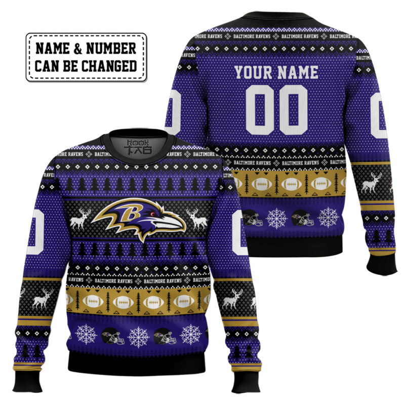 Hooktab Baltimore Ravens - Custom Name And Number Ugly Sweater Hooktab Baltimore Ravens - Custom Name And Number Ugly Sweater