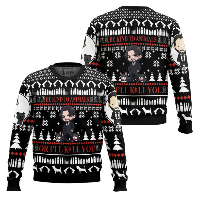 Hooktab Be Kind To Animals John Wick Ugly Christmas Sweater Hooktab Be Kind To Animals John Wick Ugly Christmas Sweater