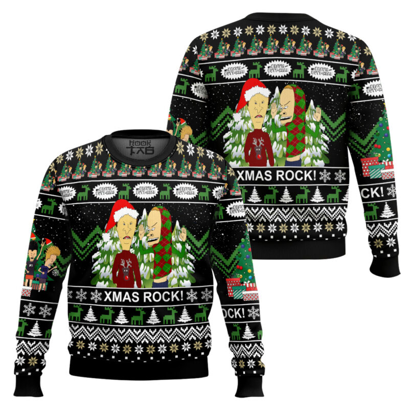 Hooktab Beavis And Butt-head Xmas Rock! Ugly Christmas Sweater Hooktab Beavis And Butt-head Xmas Rock! Ugly Christmas Sweater