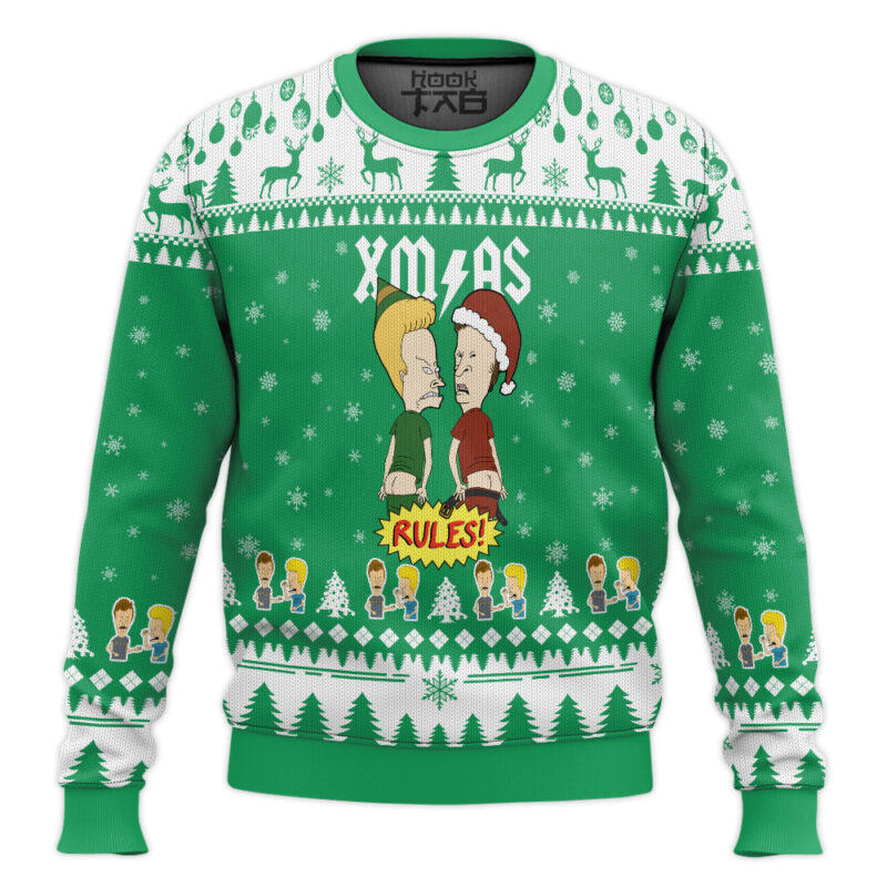 Hooktab Beavis And Butt-head Xmas Rules Ugly Christmas Sweater