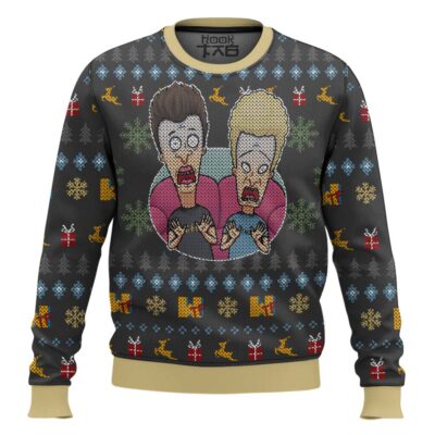 Hooktab Beavis And Butthead Surprise Reaction Ugly Christmas Sweater