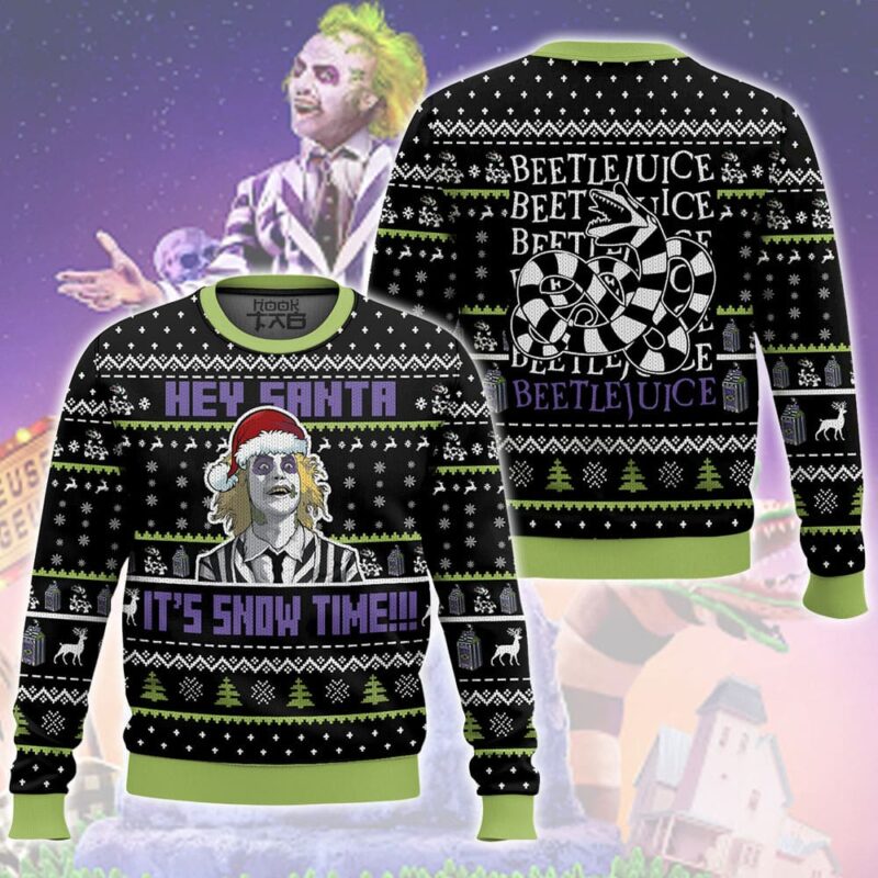 Hooktab Beetlejuice Hey Santa It Snowtime Ugly Christmas Sweater Hooktab Beetlejuice Hey Santa It Snowtime Ugly Christmas Sweater